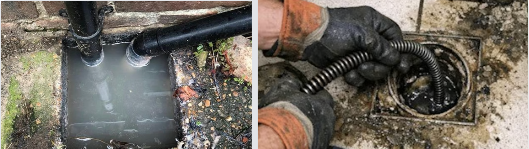 Blocked outside drainage and a gloved operator clearing a drain