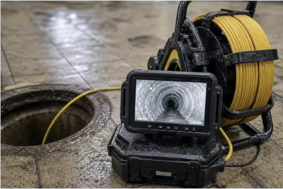 Drain inspection camera, monitor and cable reel beside an open chamber