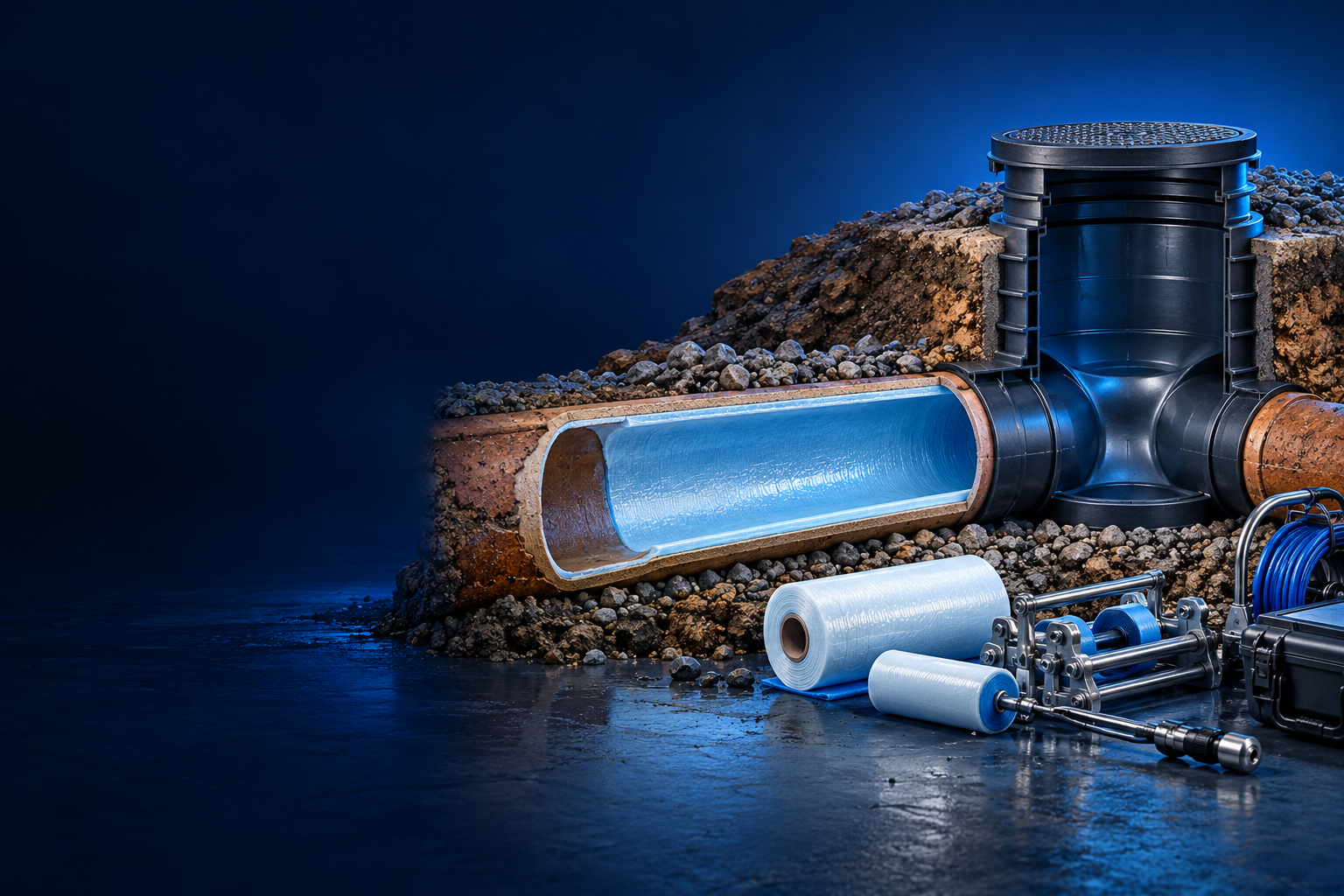 Illustration of underground drainage pipework and an internal pipe liner