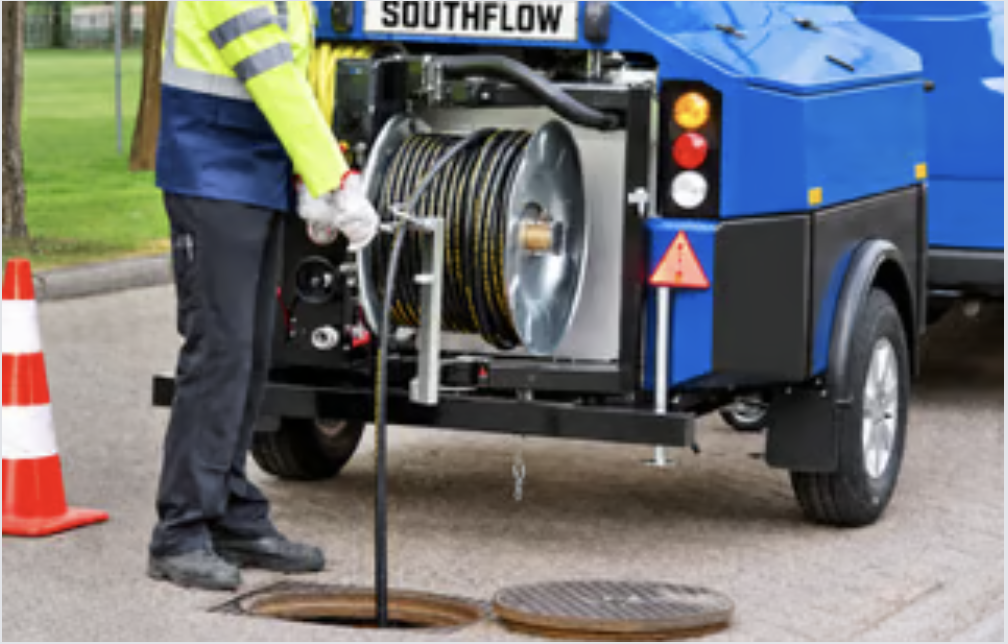 SouthFlow high-pressure drain jetting equipment at an inspection chamber